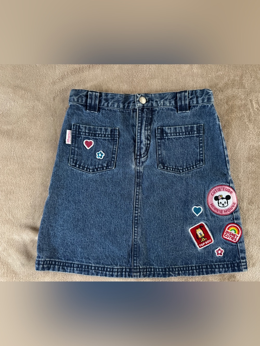 Disney Store Girls Denim Skirt 7/8 Minnie Pluto Patch Y2K Cute Vintage Style